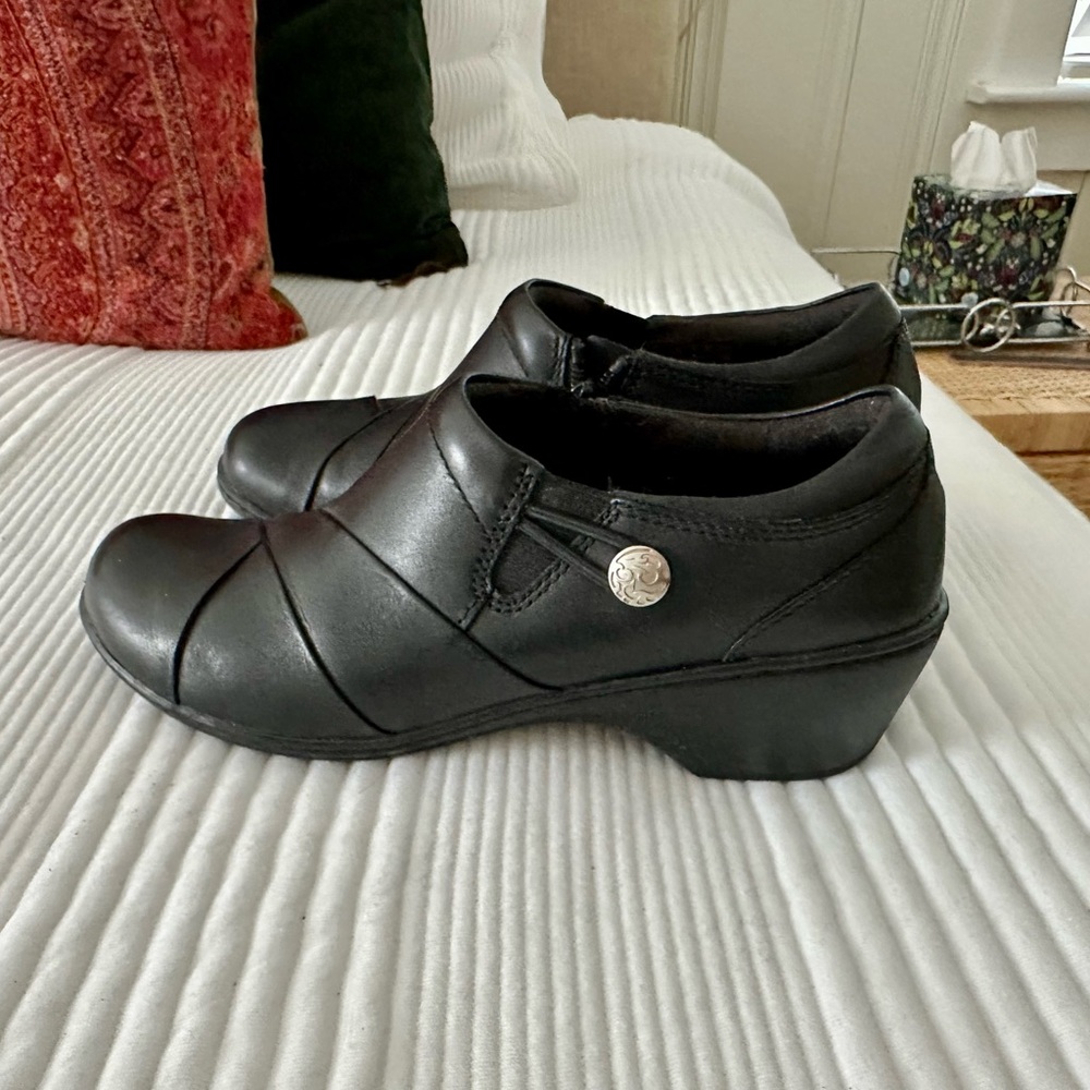 Clarks Black Leather Clogs with Button Detail